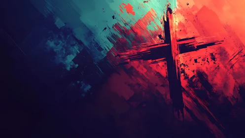Cross of scarlet light cuts through deep teal shadows.