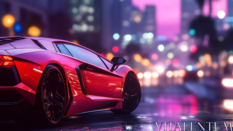 Crimson supercar gliding through neon-soaked city streets.