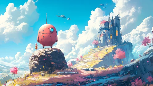 Orb-shaped rover overlooking pastel sci-fi citadel landscape.