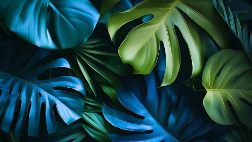 Tropical monstera foliage shows high contrast teal and green leaves