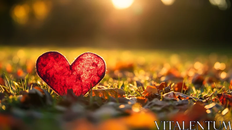 Red Heart on Autumn Ground with Golden Bokeh Light