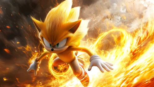 Anthropomorphic hedgehog figure rendered amid dynamic fire effects