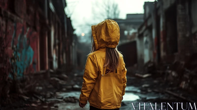 Child in yellow raincoat walking through ruined alleyway.