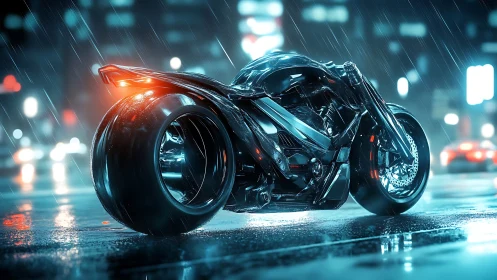 Cybernetic hyperbike in neon rain-soaked urban corridor.