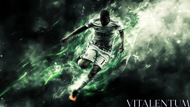 Dynamic soccer player in motion with glowing green energy.
