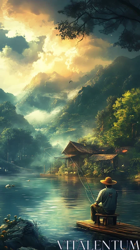 Solitary fisherman casts line on misty mountain lake at dawn