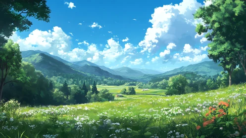 Sunlit mountain valley with green meadows and flowers.