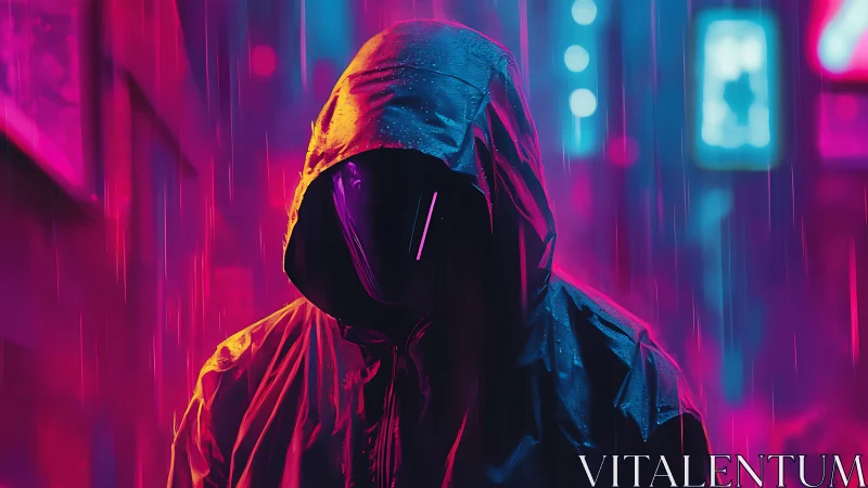 Hooded wanderer in neon rainlit cyberpunk streets.