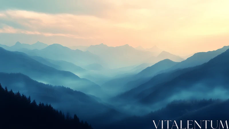 Layered blue mountain ridges recede into soft sunrise haze