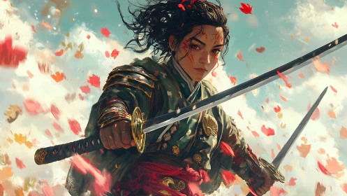 Storm of scarlet leaves crowns the twin-blade samurai