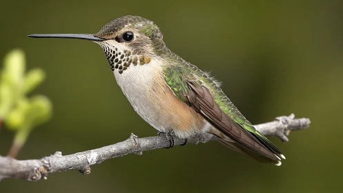 Close-up of a perched hummingbird with iridescent green feathers.