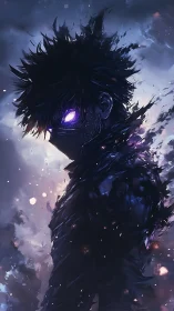 Dark masked figure with glowing purple eyes in smoke