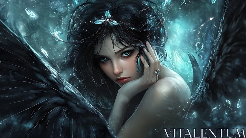 Dark winged siren gazes through crystalline aqua light