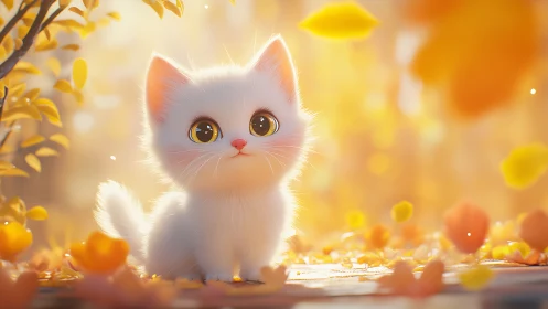 Adorable White Kitten in Autumn Golden Light.
