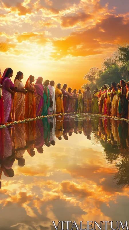 Women in colorful saris stand by reflective water at sunset