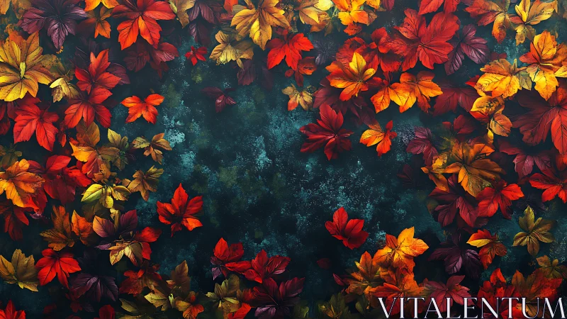 Dense autumn foliage ring frames textured teal negative space