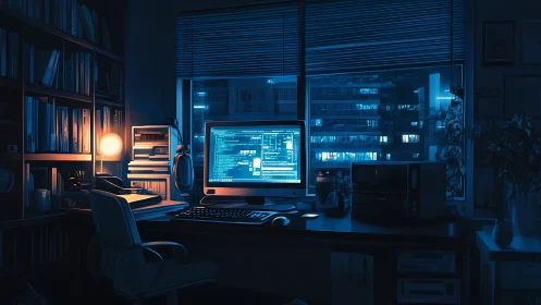 Midnight coder’s neon harbor in a quietly humming study.