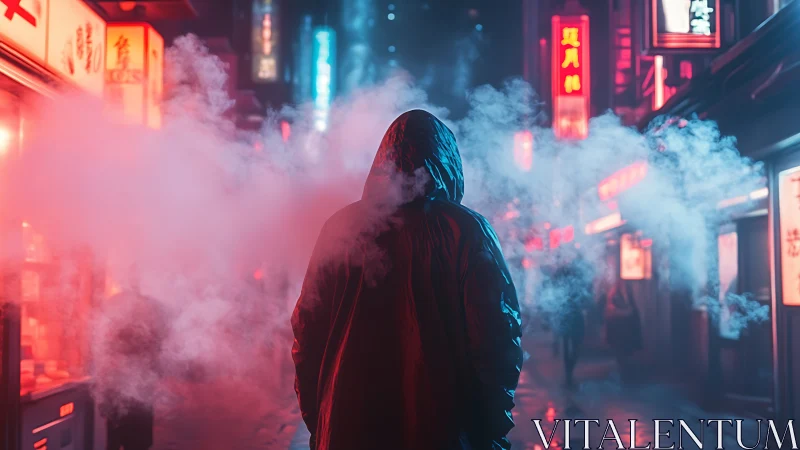 Hooded figure in neon vapor corridor with chromatic haze mapping.