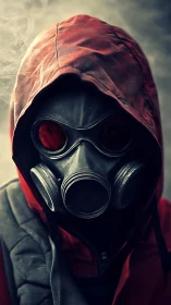 Hooded wanderer in a gas mask amid dreamy urban haze.