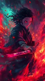 Fierce anime swordsman stands amid swirling red firelight
