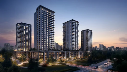 High-rise residential towers at dusk with landscaped podium complex.