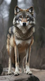 Standing timber wolf in shallow-depth forest portrait frame.
