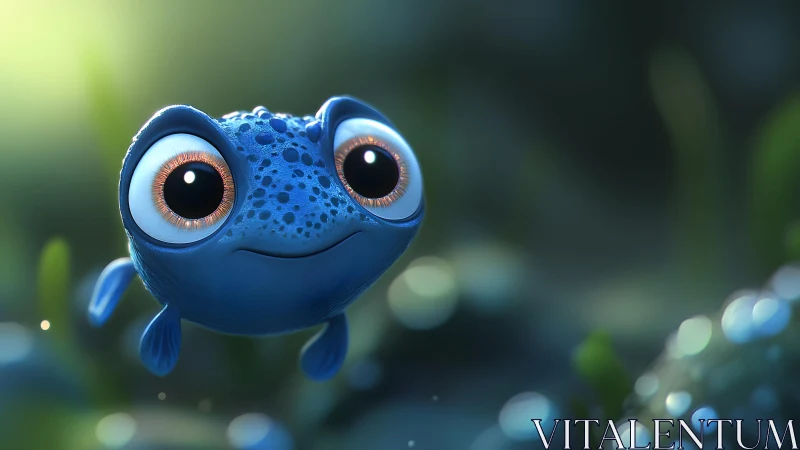 Adorable Blue Cartoon Frog in Lush Nature, Digital Art Style.