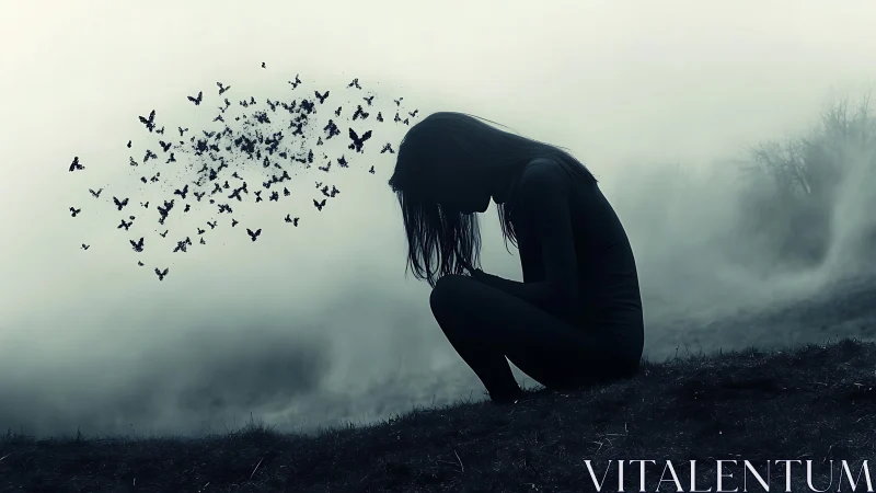 Silhouette woman kneeling in fog, dispersing into flying birds