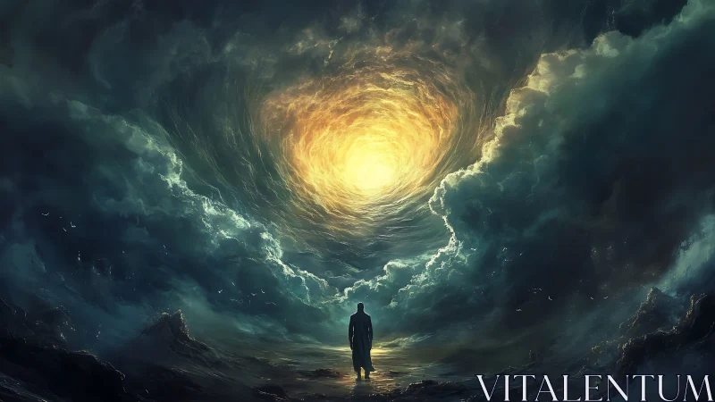 Digital painting of lone figure beneath cosmic storm vortex.