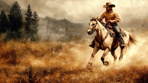Cowboy on palomino horse charging through sunlit prairie.