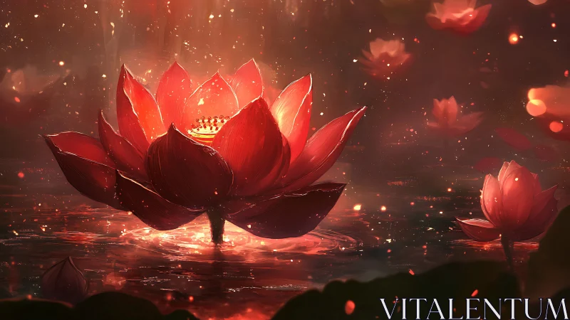 Radiant red lotus blooms in glowing mystical waters.
