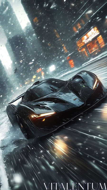 Hypercar streaks through neon city blizzard at night.