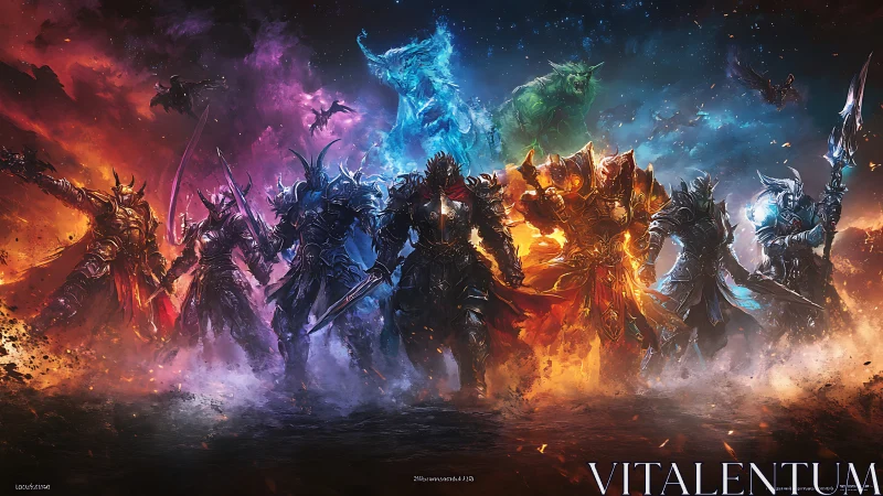 Elemental armored champions aligned in blazing astral rift.