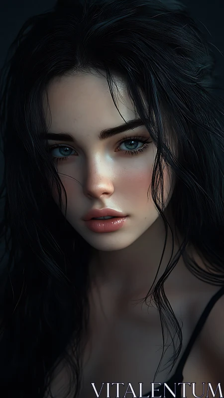 Moody close-up portrait of young woman with dark hair.