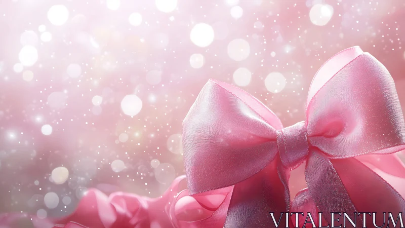 Pink satin ribbon bow on soft abstract bokeh background.