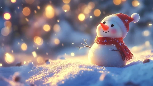 Digital painting snowman with bokeh lights and warm rim glow.