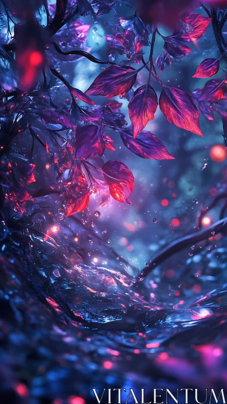 Dreamlit violet leaves over a swirling cosmic stream.