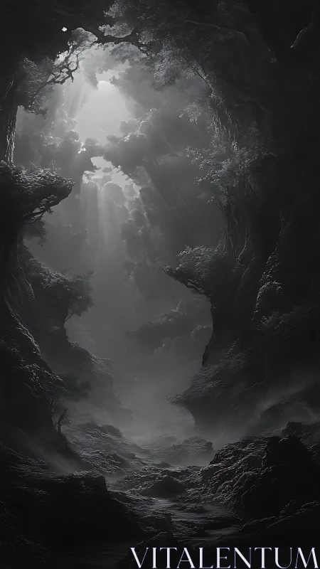 Volumetric light shafts penetrate misty ravine in monochrome forest