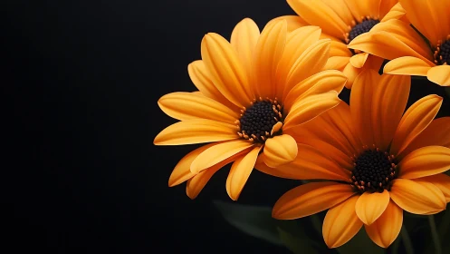 Orange Gerbera Daisies Against Black Background.
