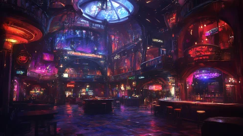Futuristic cyberpunk nightclub interior glows with neon light