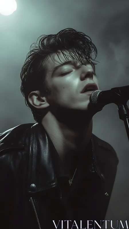Male vocalist in leather jacket at microphone under stage light.