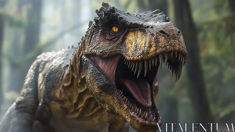 Roaring carnivorous dinosaur lunges through misty jungle