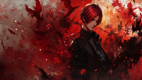 Anime portrait in crimson abstract atmospheric composition.