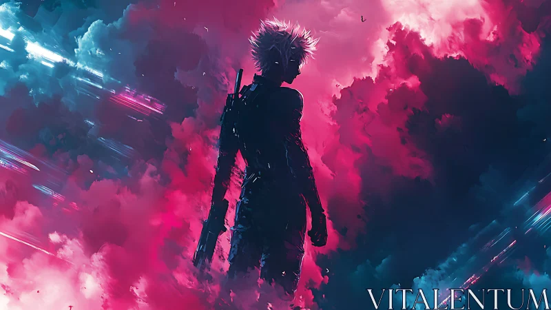 Neon storm crowns a lone cyber warrior with electric dusk