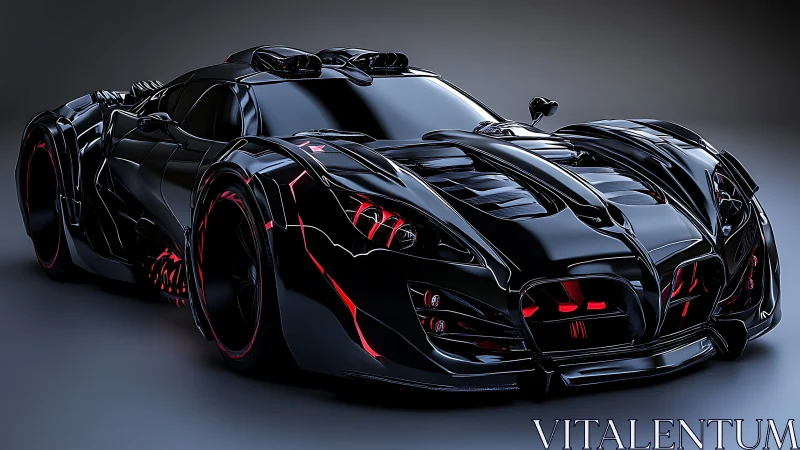 Futuristic black supercar glows with fierce crimson highlights
