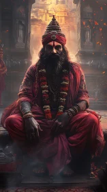 Ascetic mystic seated before luminous temple gateway in red robes