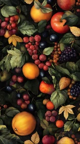 Digital still life pattern with clustered autumn fruits and leaves.