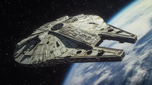 Weathered starship drifting gently above blue Earth.