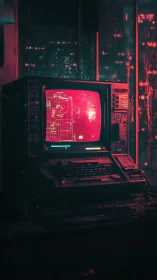 Retro neon terminal glowing in a rainy cyberpunk night.