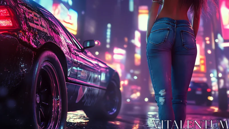 Neon street scene pairs sports car and woman in tight jeans
